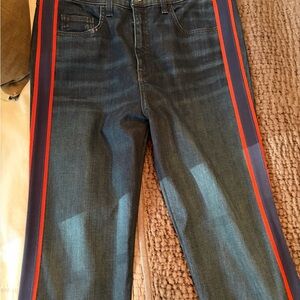 Veronica Beard Blue Boot Cut Jeans with Red Stripe